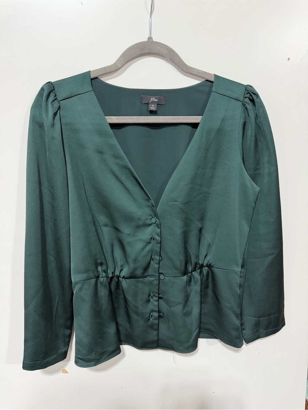 J. Crew Forest Green V-Neck Button Front Blouse